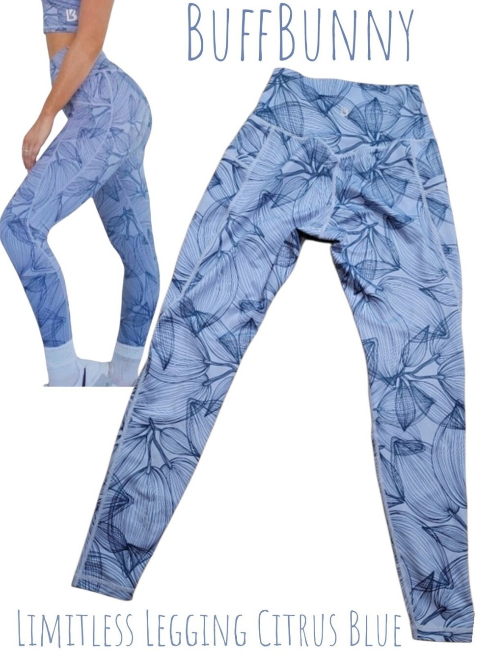 BuffBunny Women HR Limitless Legging Citrus Blue crop Leggings pockets Tights S